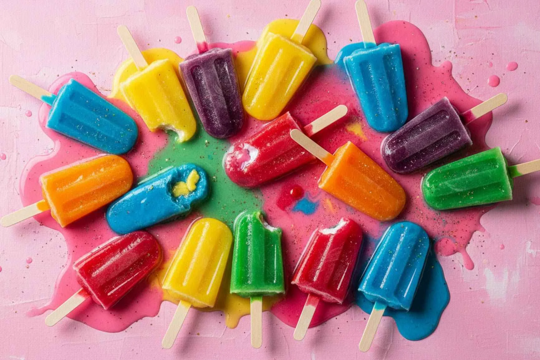 Mehrere bunte Eis am Stiel liegen auf einer rosa Fläche, einige sind angebissen und schmelzen zu bunten Pfützen