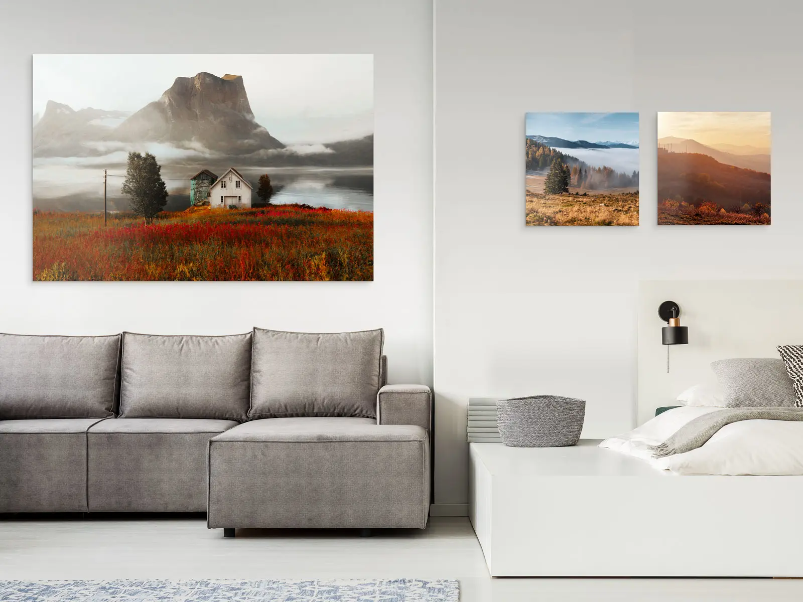 one big and two small landscape images as original photo prints under matte acrylic glass hanging on a wall.