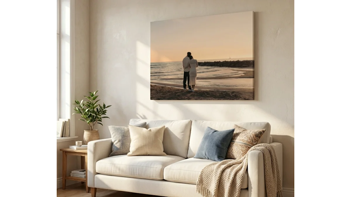 Foto op canvas met kustthema, met een kunstwerk van een zonsondergang op het strand met een stel, hangend in een woonkamer.