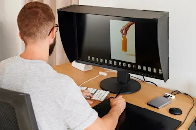Person edits a photo of a hand holding an orange bottle on the monitor.