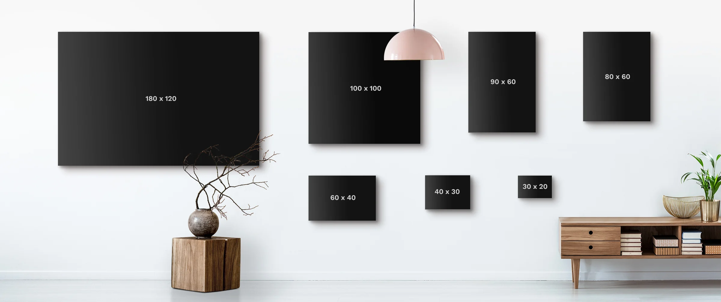 Size comparison graphic of several canvas print formats on the wall.