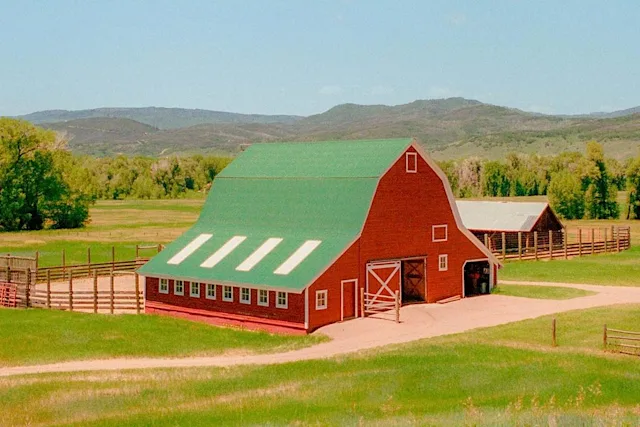 Rotes Bauernhaus mit grünem Satteldach auf einer Wiese vor bewaldeten Hügeln.