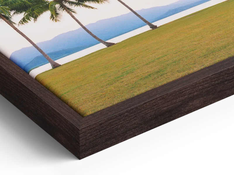 Impression sur toile dans un cadre caisse américaine en bois foncé représentant une scène tropicale avec des palmiers, de l’herbe verte et de l’eau bleue.