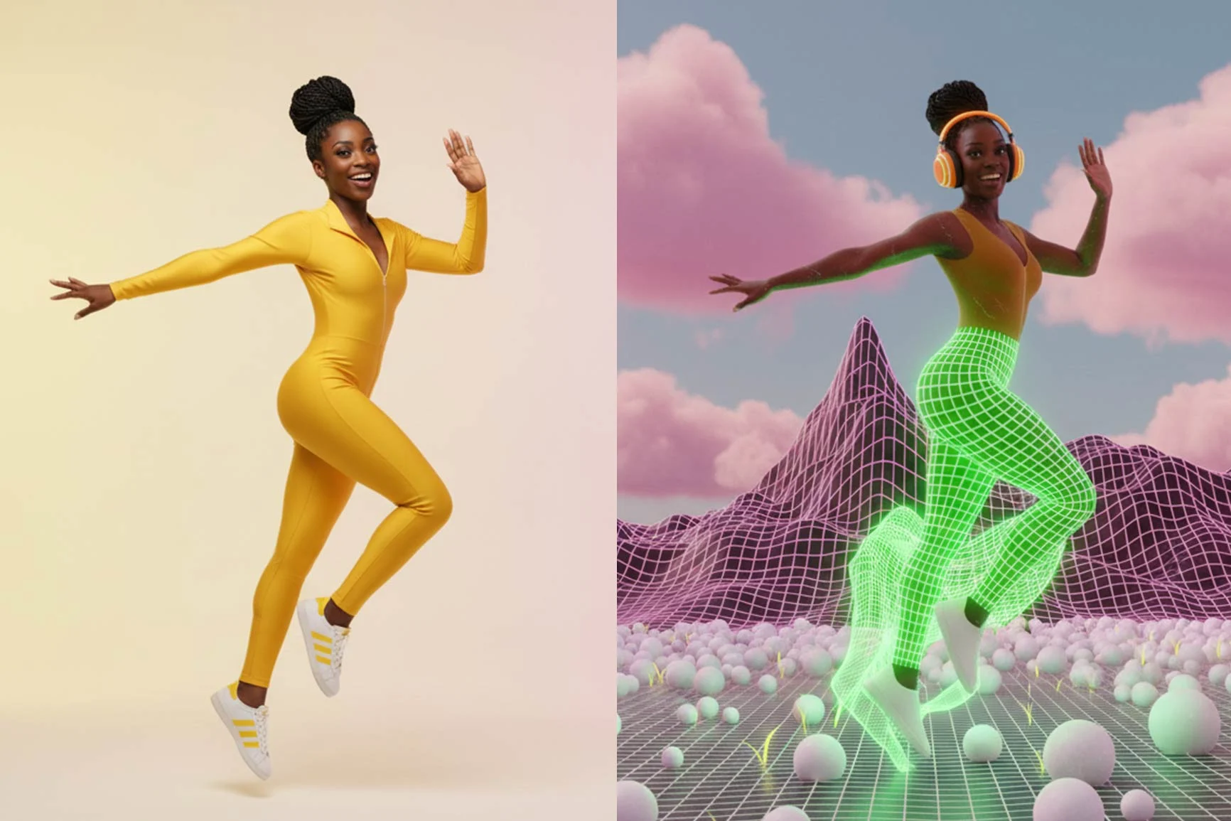 Zwei nebeneinander stehende Darstellungen einer Frau in gelbem Ganzkörperanzug, rechts digital aufgearbeitet mit Rasterlinien.