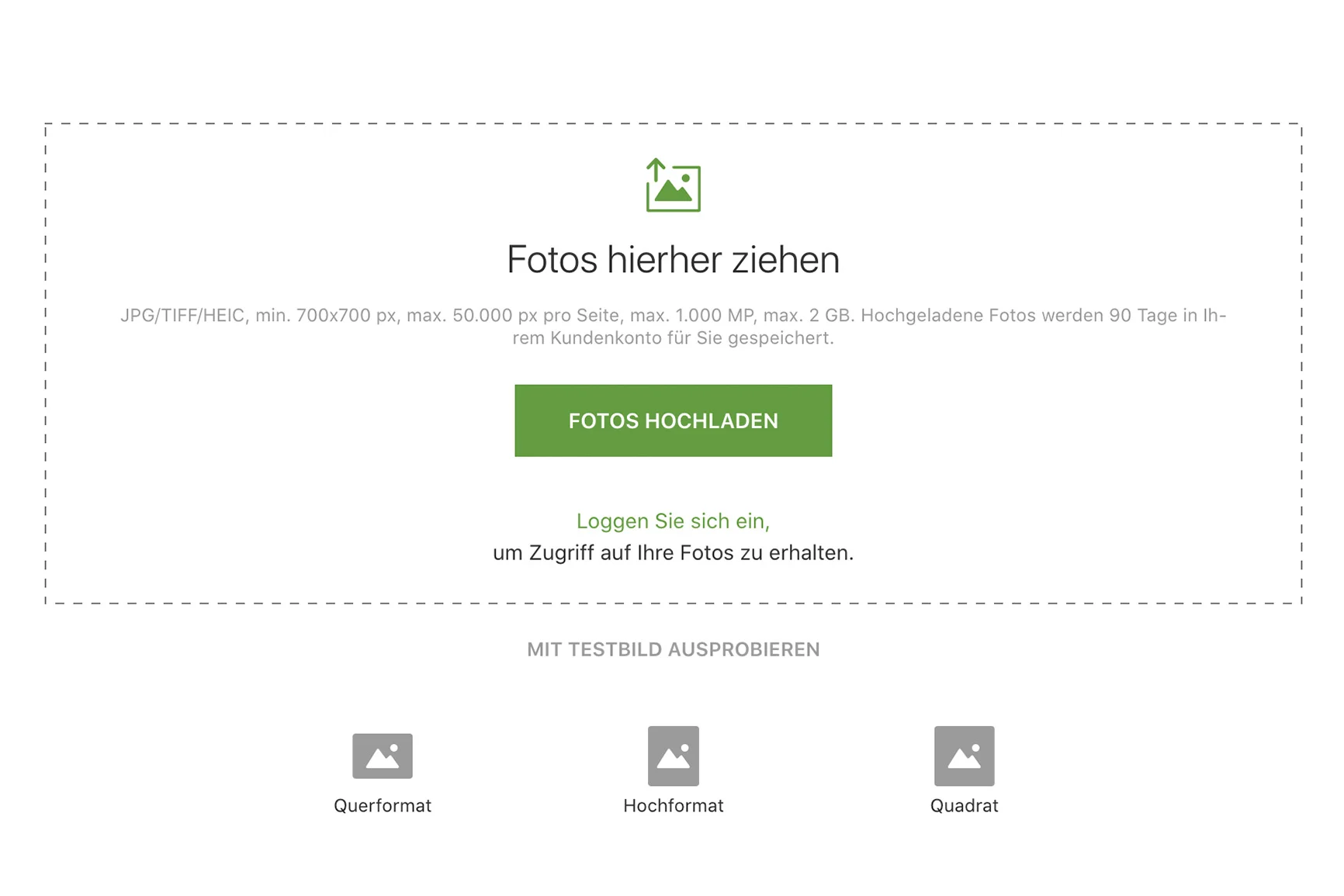 Upload-Bereich mit Button „Fotos hochladen“ und Icons für Querformat, Hochformat und Quadrat.