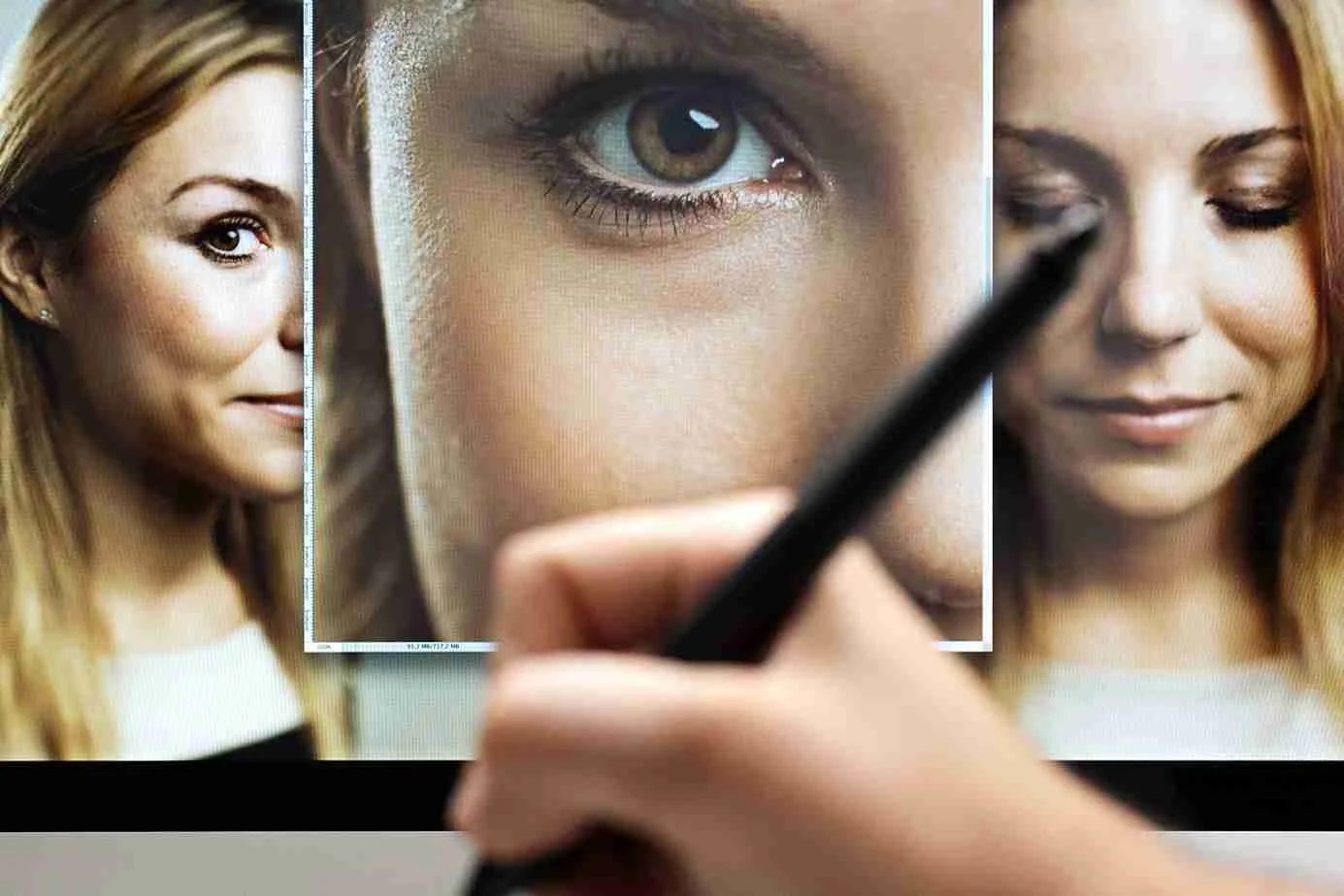 Verschiedene Perspektiven einer Frau auf einem Bildschirm, vor dem eine Hand einen Stift hält.