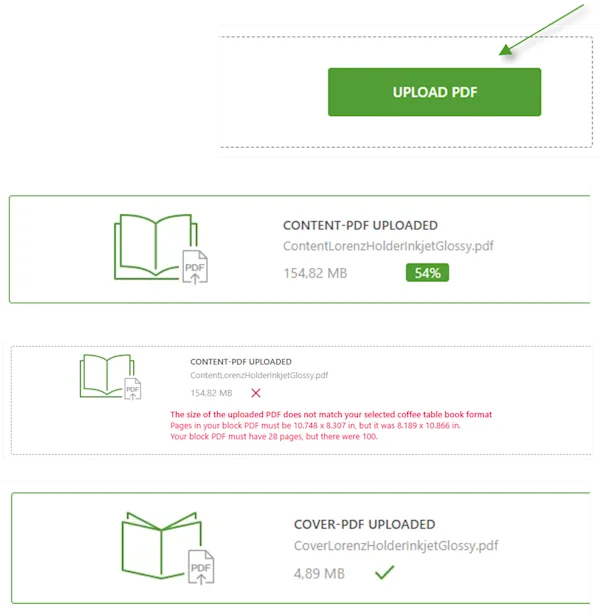 The illustration shows the PDF upload and the various possible results of the file check.