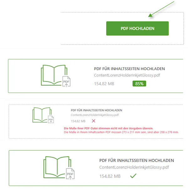 Abbildung zeigt den PDF Upload und die verschiedenen möglichen Ergebnisse der Dateiprüfung.