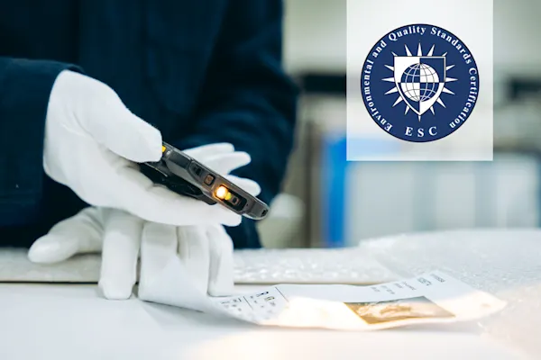 A close-up of a person wearing white gloves using a handheld mobile scanner to scan a document on a workbench. In the top right corner, the circular logo for "Environmental and Quality Standards Certification (ESC)" is overlaid.
