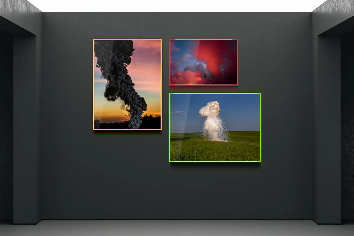 series exploded views with colorful controlled explosions in nature.