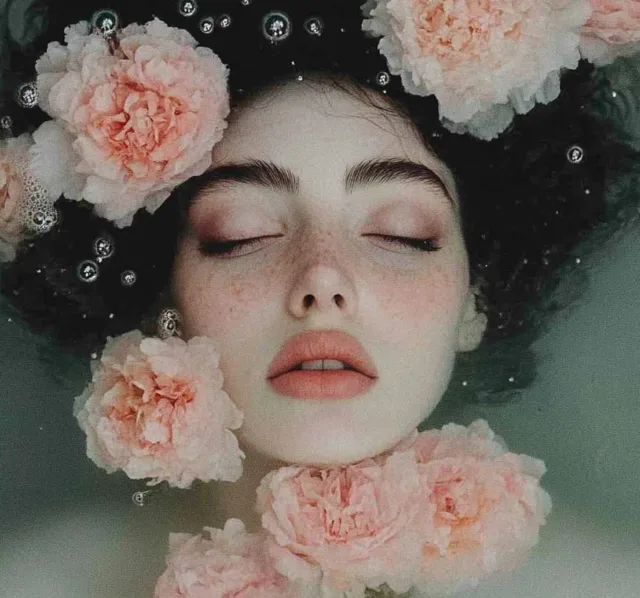 A woman with closed eyes is immersed in water up to her neck, surrounded by pink flowers that lie in her dark, curly hair.