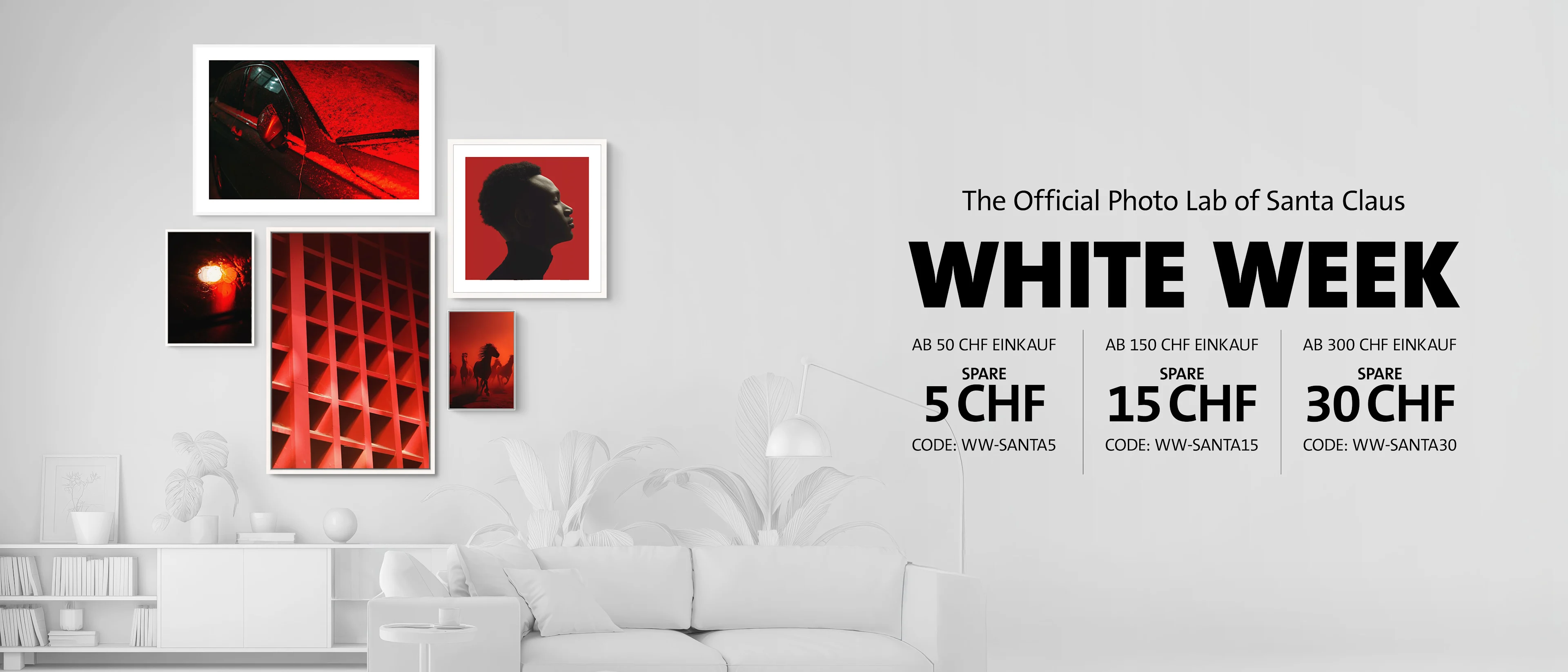 Fotodruck-Galerie mit verschiedenen Formaten, Whitewall Weiße Woche Aktion mit weiteren Informationen unten aufgeführt.