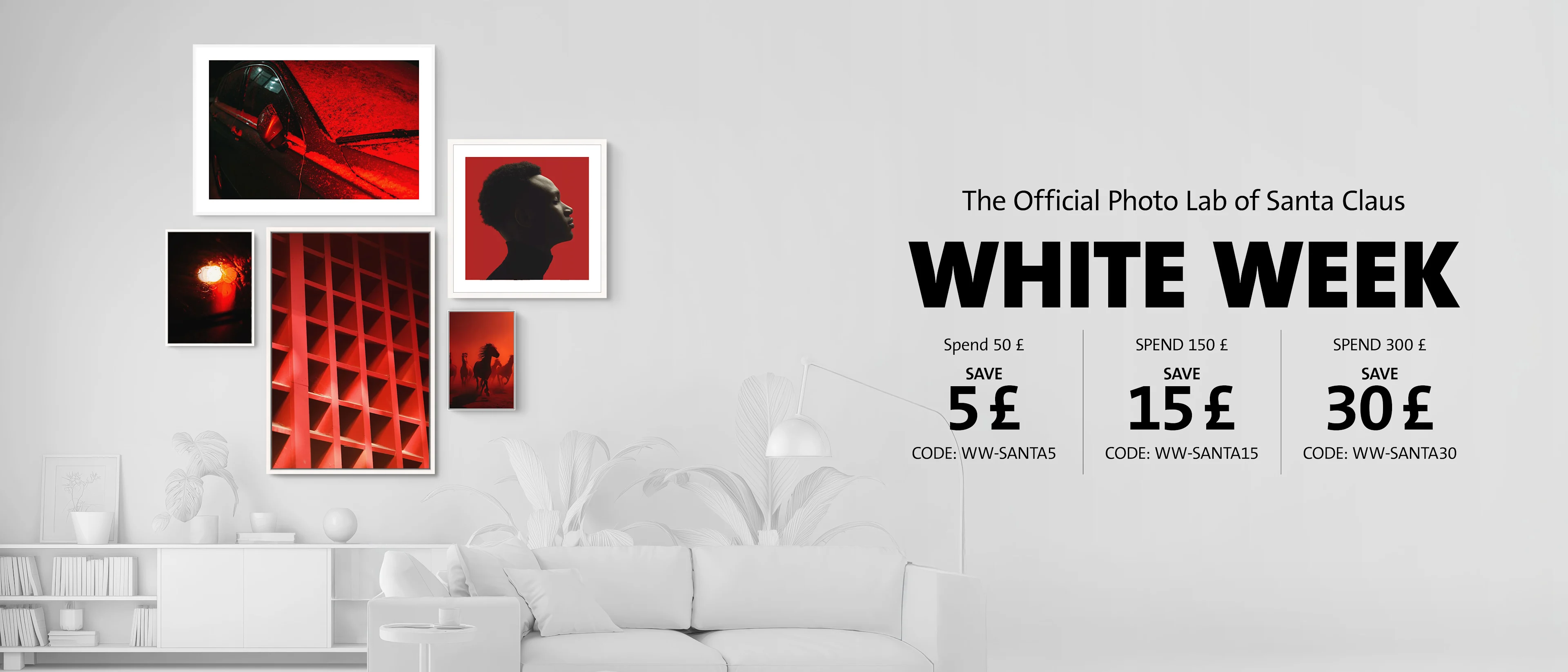 photo print gallery hanging with different formats, whitewall white week promotion displayed further info below.