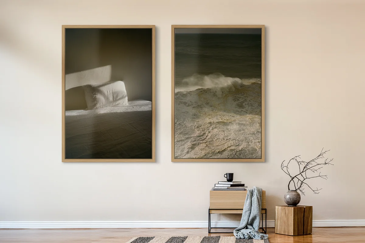 bed and water in soft sand sepia colors.