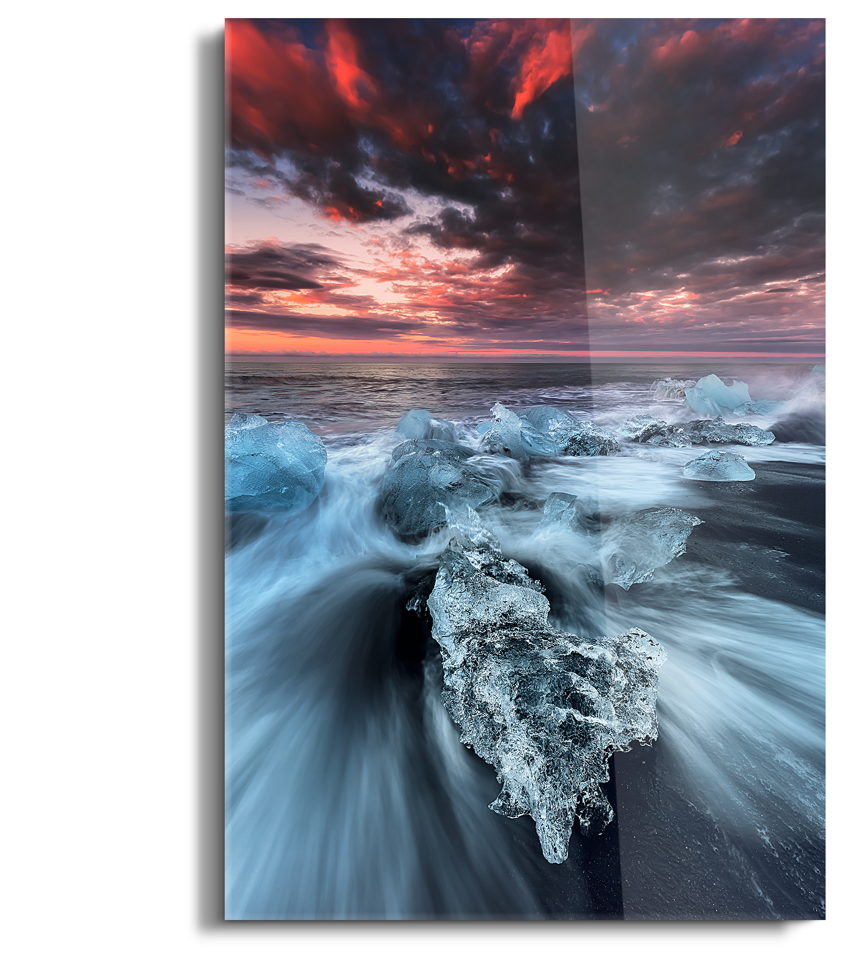A picture of icy Iceland printed on a photo under acrylic glass representing blue water and red sky