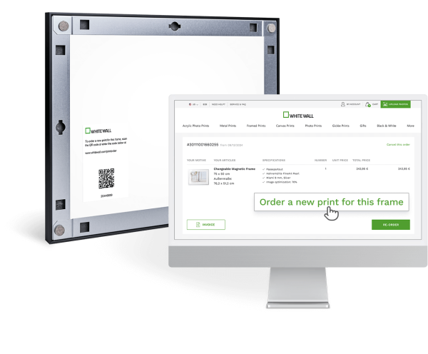 Preview graphic of print re-order through QR-Code on backside of the magnet frame.