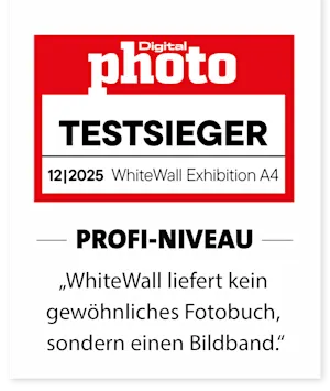 Testsieger Siegel des Magazins photo Digital für den WhiteWall Bildband (Ausgabe 12/2025)