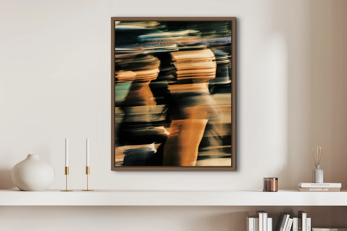 blurry street photos framed in floater frame Basel walnut.