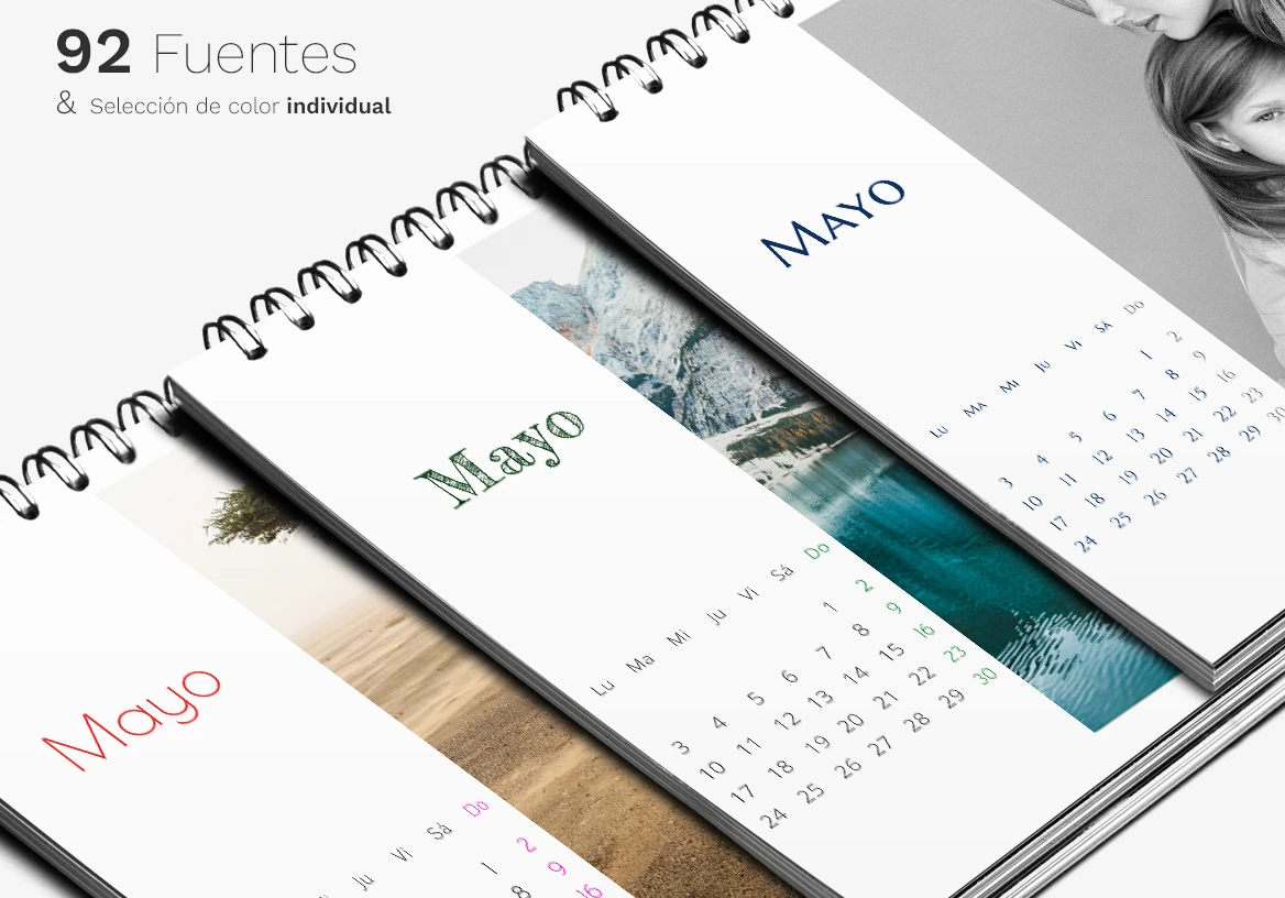 Three calendars with the month of May in different fonts lie on top of each other.