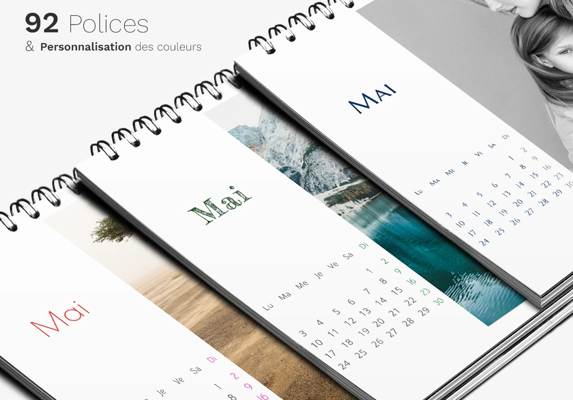 Three calendars with the month of May in different fonts lie on top of each other.