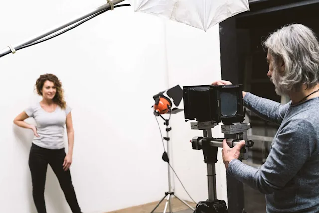 A photographer with a camera on a tripod in front of a model in a photo studio.