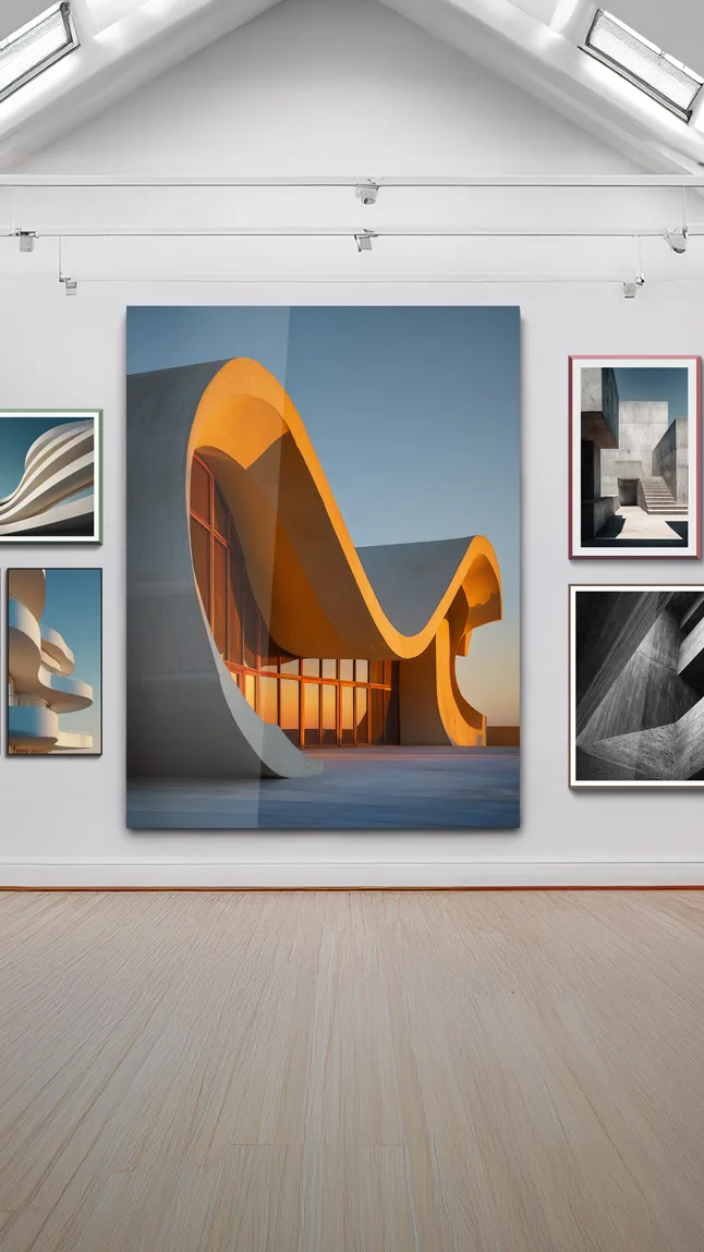 Living room with five framed photographs on the wall.