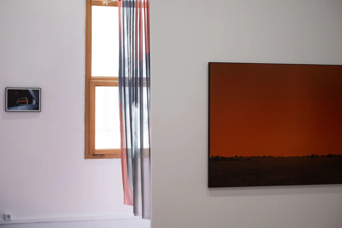 Prints exhibited on a white wall. View of a window in the background