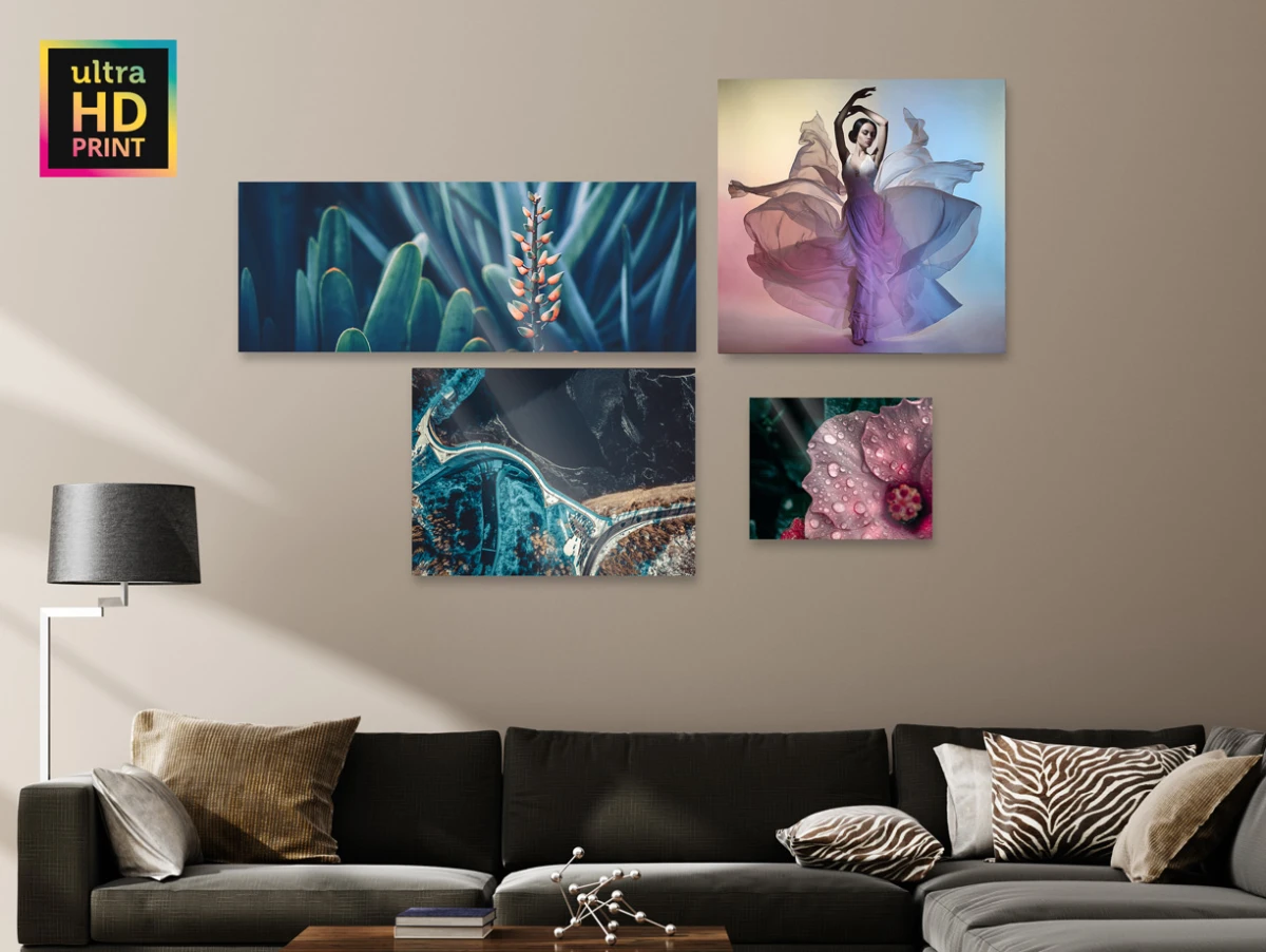 Various color dazzling images as Acrylic ultraHD Metallic Prints on a wall.