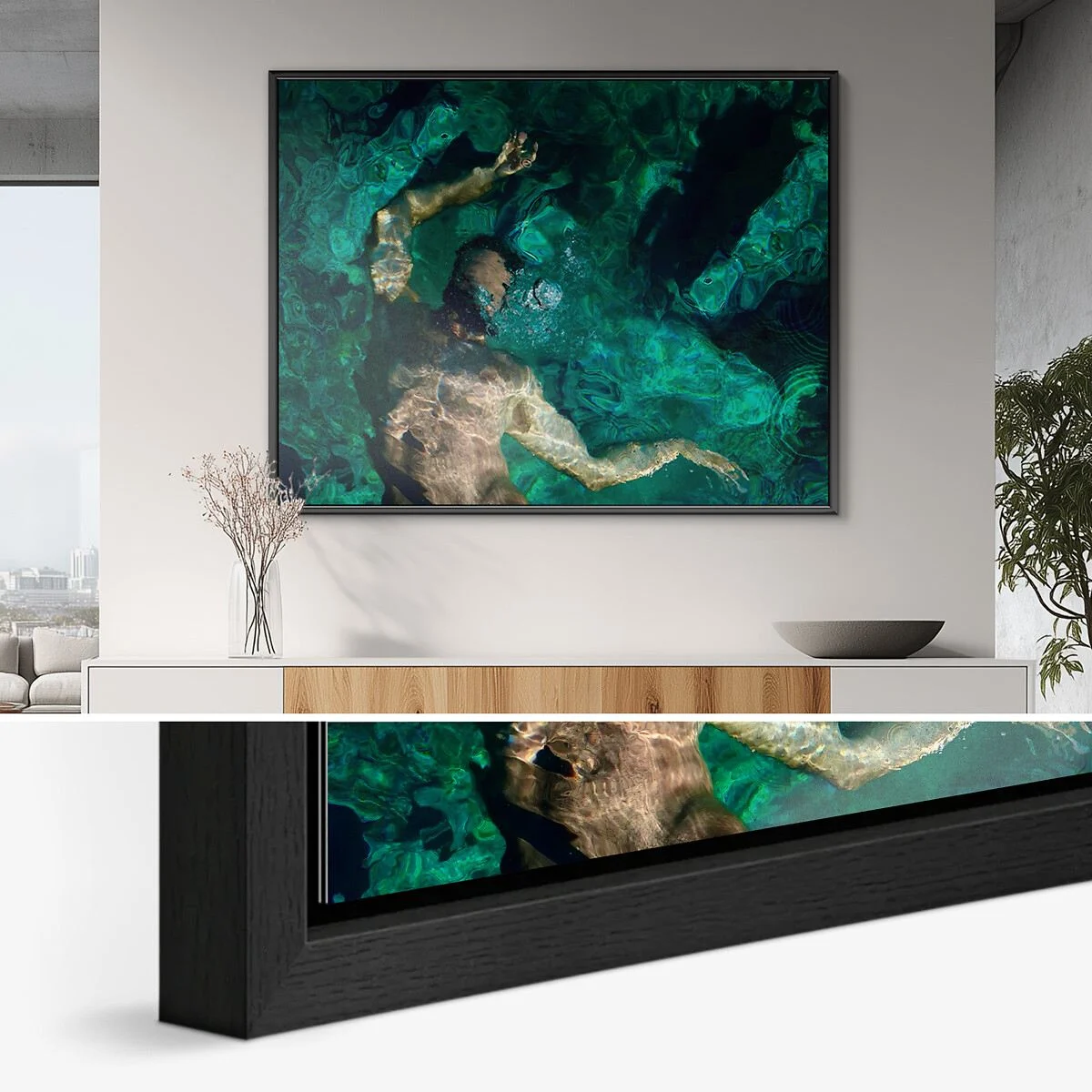 Mural depicting a person underwater with green and blue hues, presented on fine art paper.