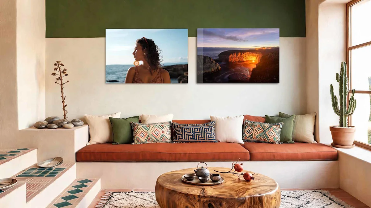 Amplio salón de estilo mediterráneo con un extenso sofá bajo de color marrón anaranjado adornado con cojines estampados y de color verde liso. Sobre el área de asientos, cuelgan de la pared dos grandes impresiones rectangulares: la de la izquierda muestra el retrato de una mujer con una rodaja de cítrico, y la de la derecha una costa rocosa durante el atardecer. La pared detrás presenta una franja de color horizontal verde oliva en la parte superior. En primer plano, una mesa de centro de madera maciza exhibe un juego de té de cerámica y granadas frescas.