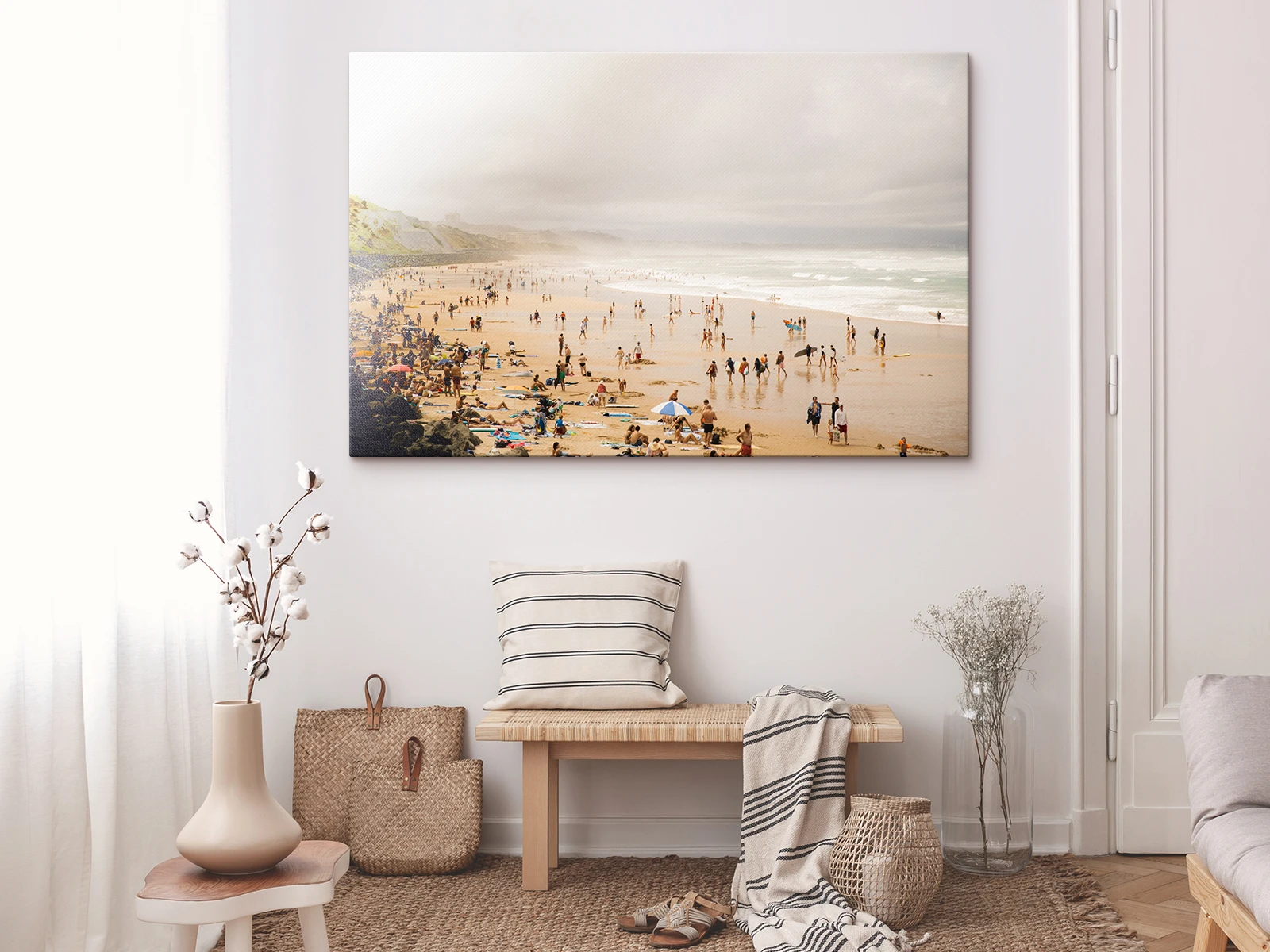 beach landscape as a glossy canvas print on a stretcher frame hanging on a wall.