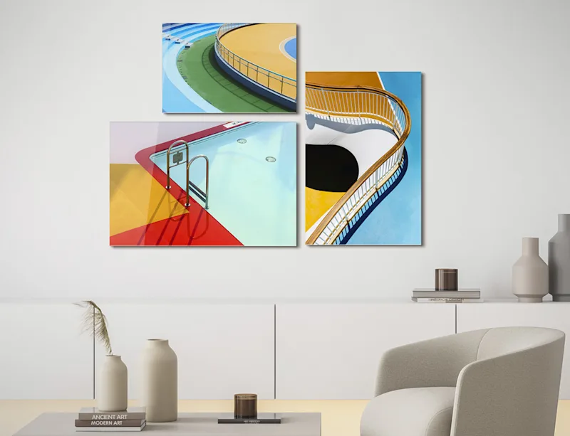 Hanging of 3 fine art prints under acrylic glass in different formats.
