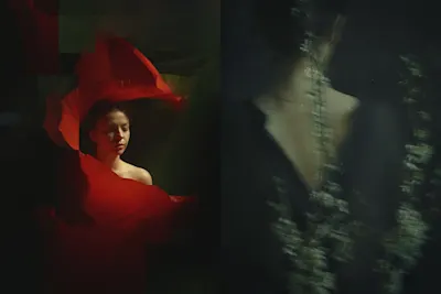 dancing woman in a red dress.