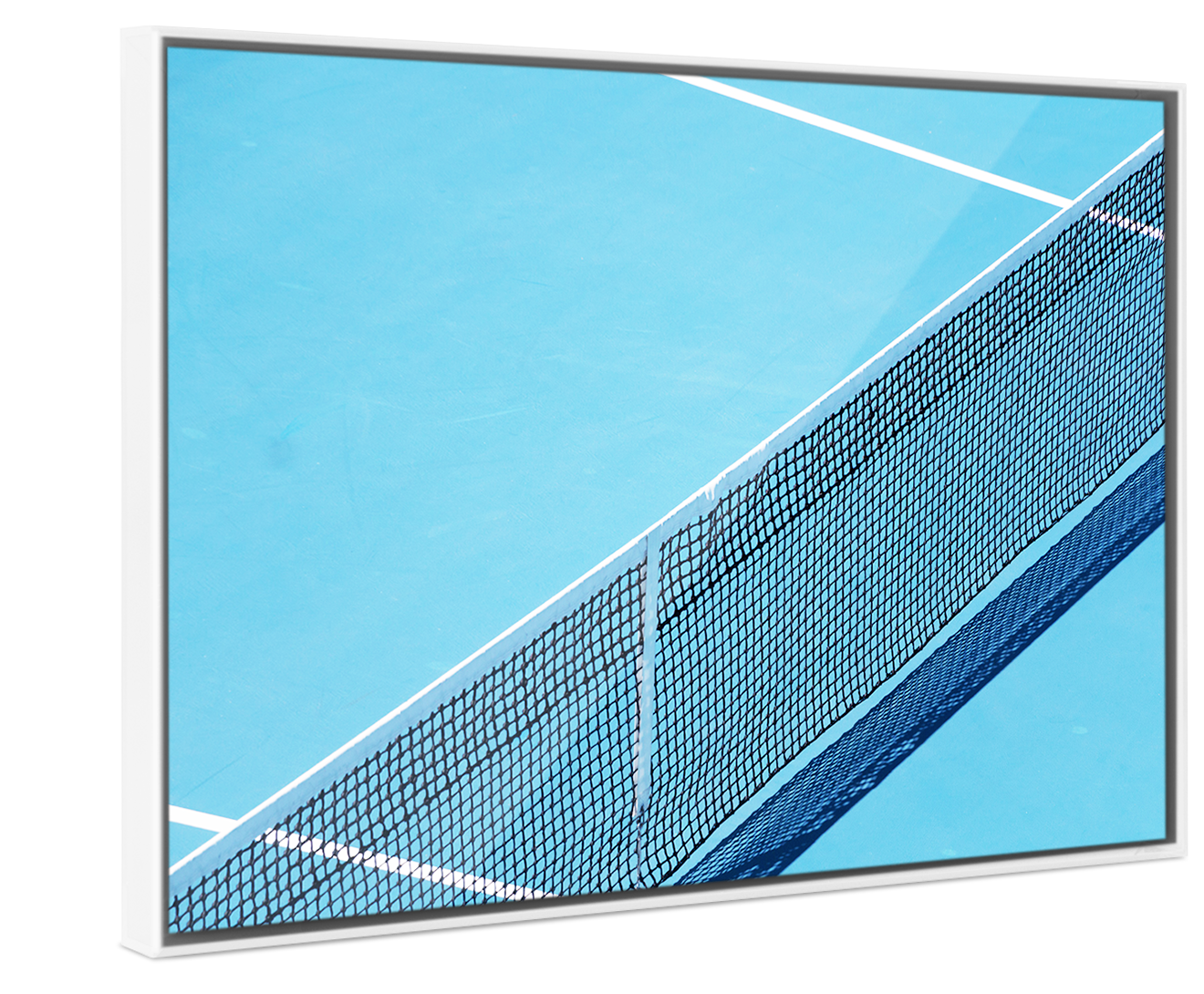 A bird's eye view of a tennis net on a blue tennis court in a white Pop Art Frame.