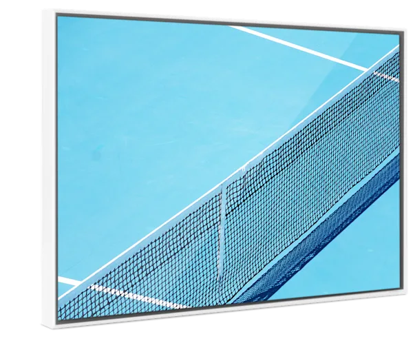 A bird's eye view of a tennis net on a blue tennis court in a white Pop Art Frame.