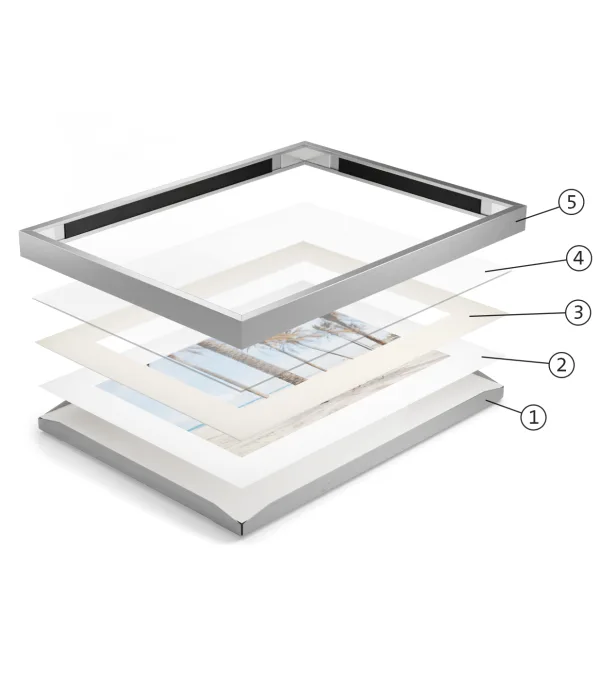 Components of a print framed with a magnet frame are shown. The Magnet Frame components are: Aluminium frame, high quality frame glas, passepartout, fine art print with white borders and the back cover of the magnet frame.