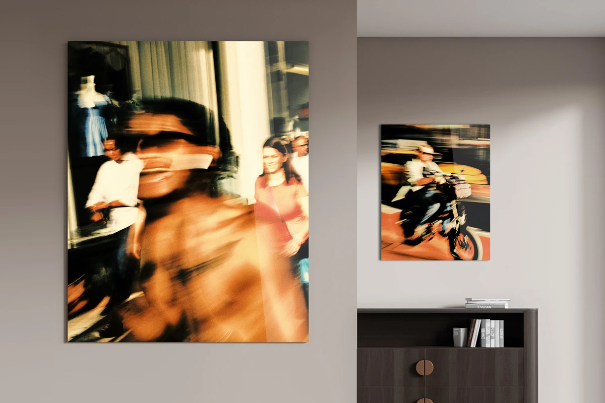 blurry street motifs photo print behind acrylic glass.