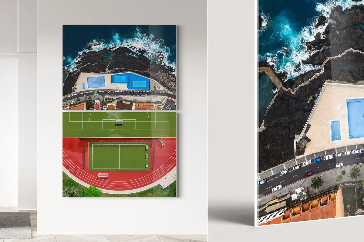 Drone photography of sports fields framed in white Slimline.