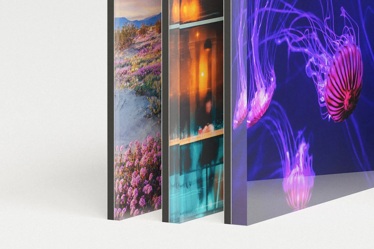 Three photo prints behind acrylic glass with different motifs: Floral landscape, abstract lights and jellyfish on a blue background.