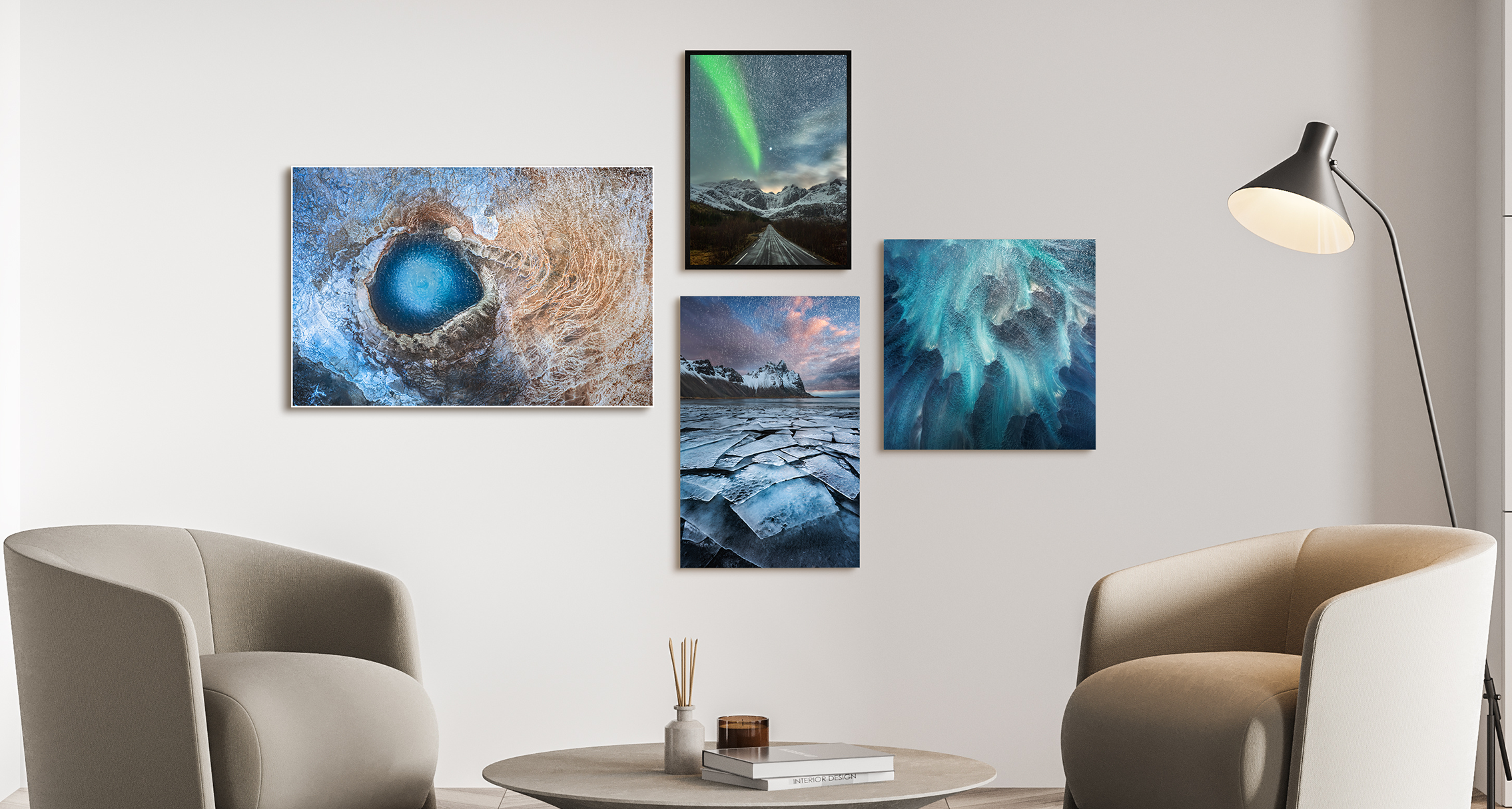Four pictures of Iceland hanging on a wall next to two arnchairs. All the pictures are printed on Fine Art and some of them are framed.