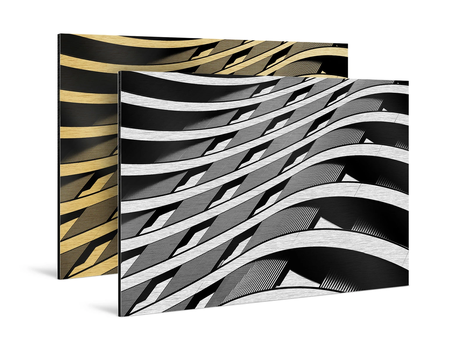 House facade on a Direct Print on brushed Aluminium, one printed in silver and one in gold.