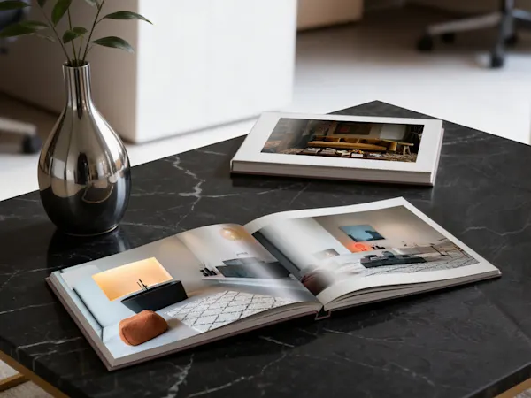 Open photo books displaying interior design images on black marble surface, with silver vase and small plant in background