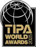 TIPA World Awards 2025 logo with golden lettering and stylized globe.