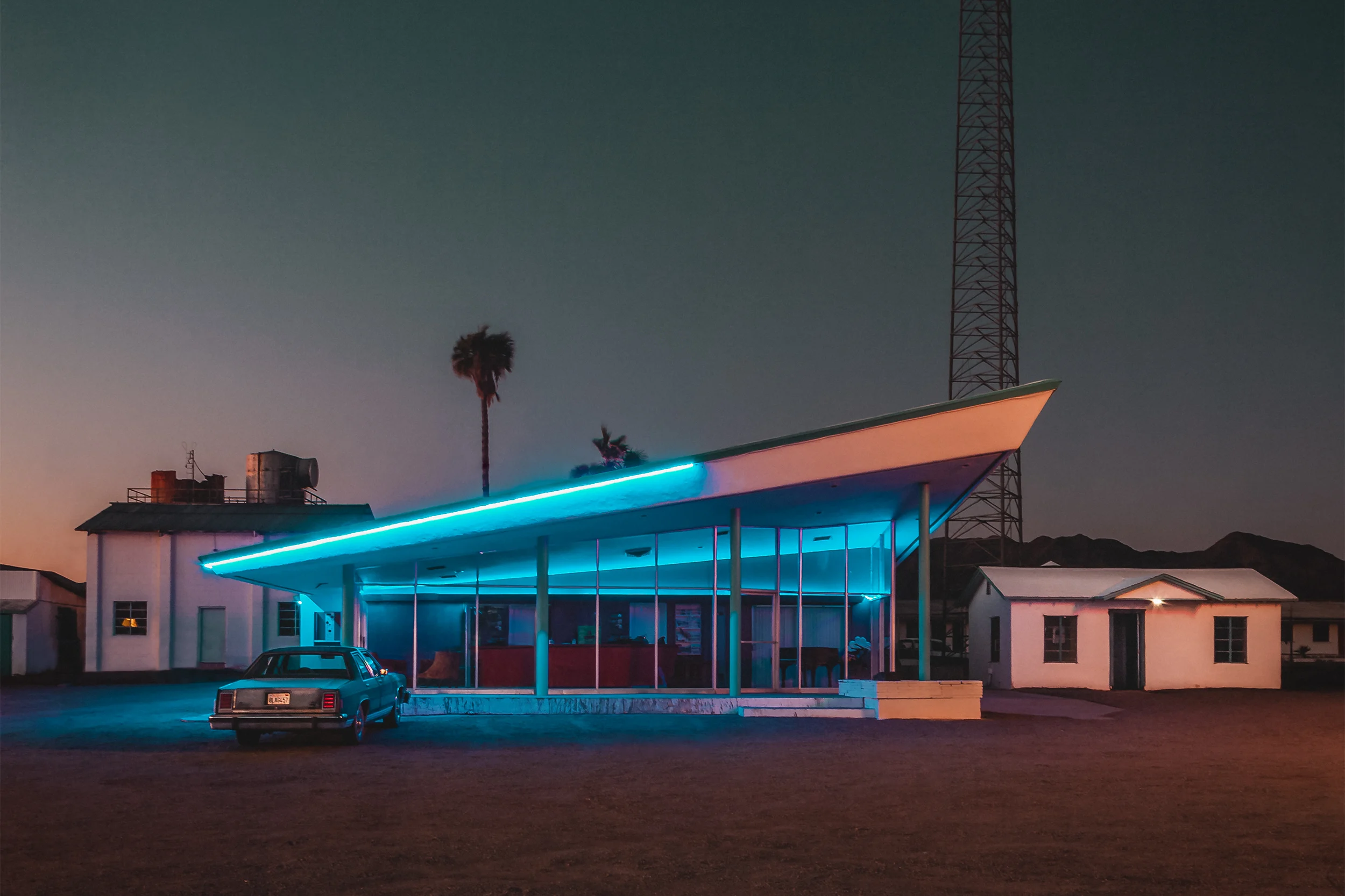 Building with blue lights.