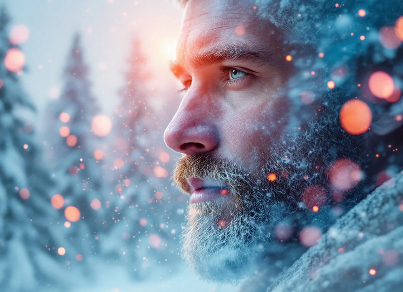 Double exposure with snow-covered trees in the background and a bearded man in the foreground.