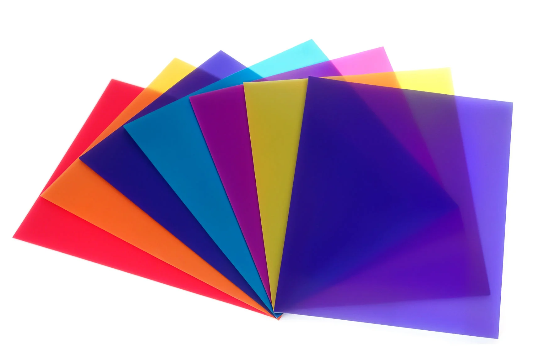 Several semi-transparent colored sheets in various colors arranged in a fan-like pattern on a white background.