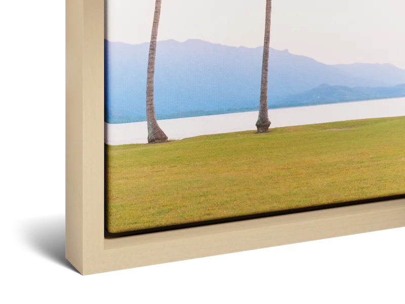 Une impression sur toile encadrée représentant deux grands palmiers sur une pelouse verte, au bord d’une eau bleue et calme, avec des montagnes au loin.