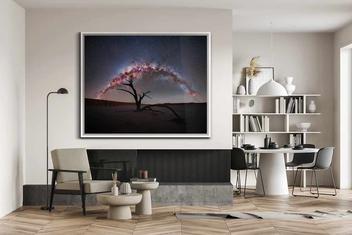 The ultraHD large format astro photo was framed behind acrylic glass in a white Basel floater frame.