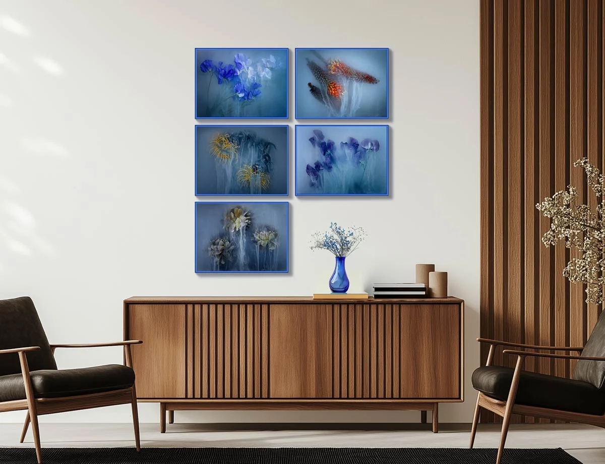 misty flowers in shades of blue in a pop art frame.