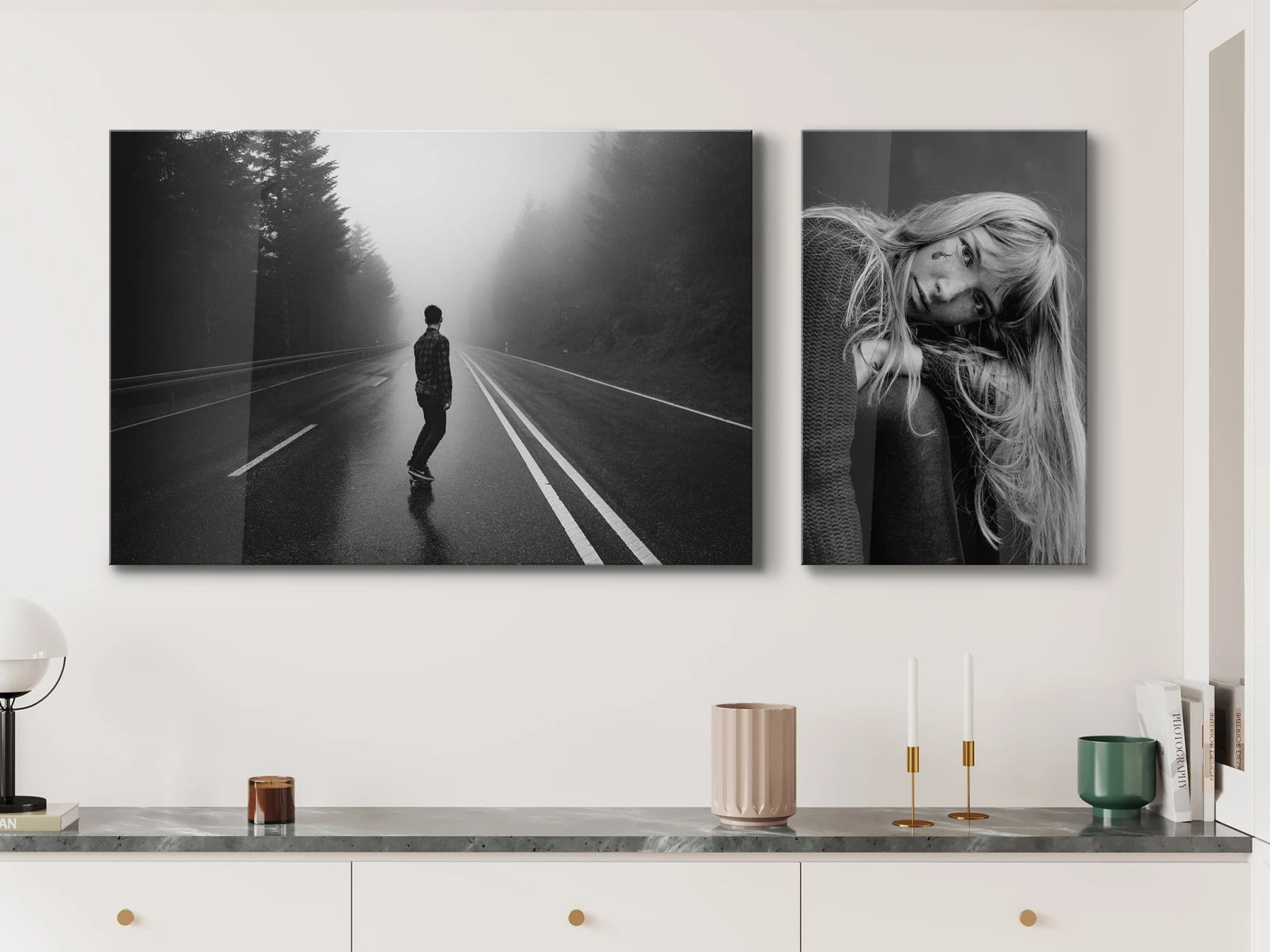 hanging with two black white acrylic prints in different formats.